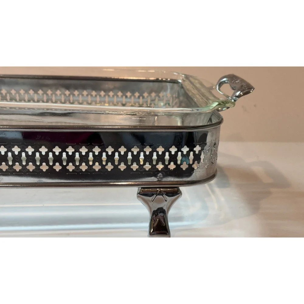 Vintage Anchor Hocking Fire-King Glass Casserole Dish with Footed Metal Cradle